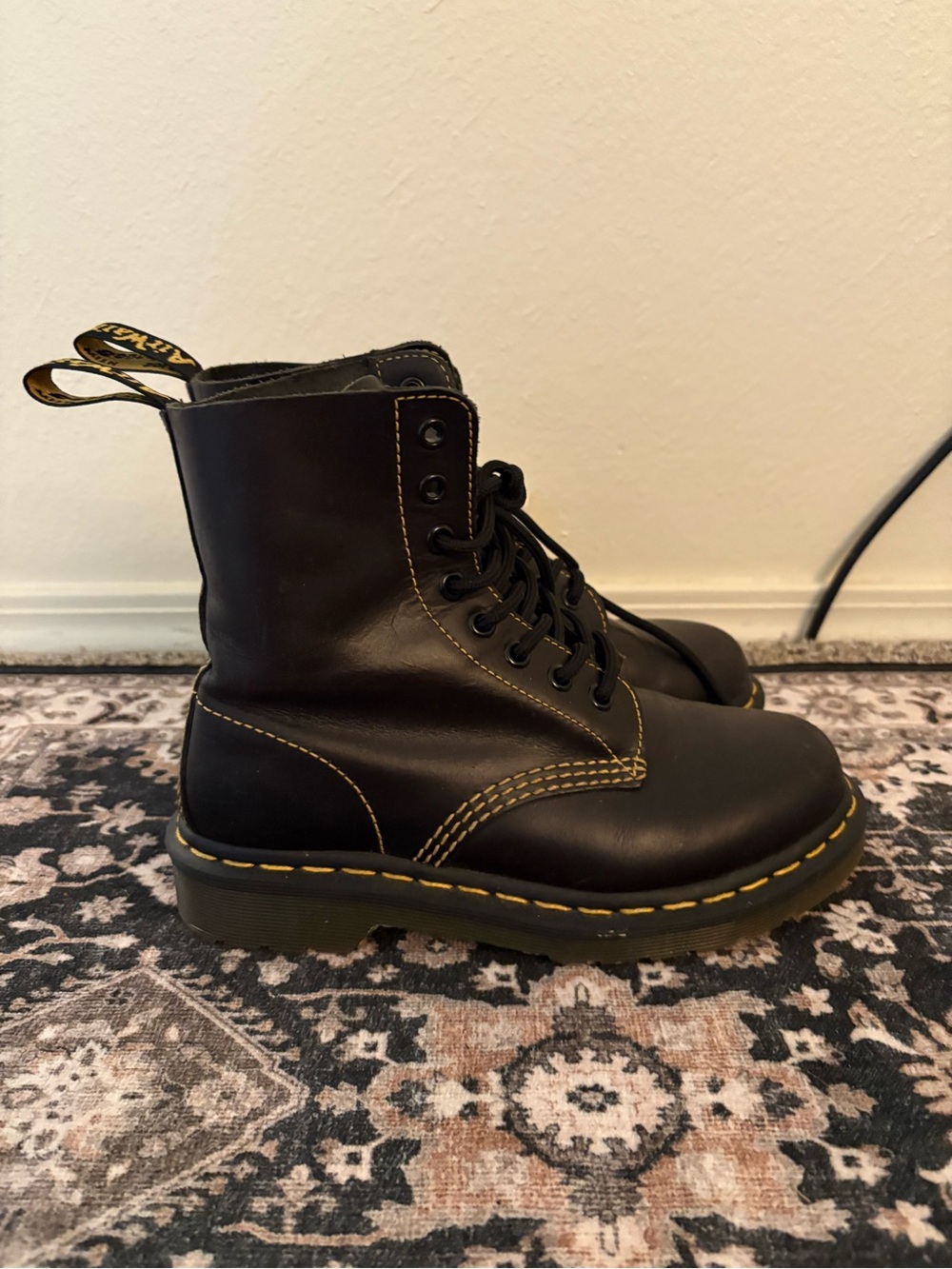 Dr. Martens Kids Black Lace-Up Boots with Yellow Stitching